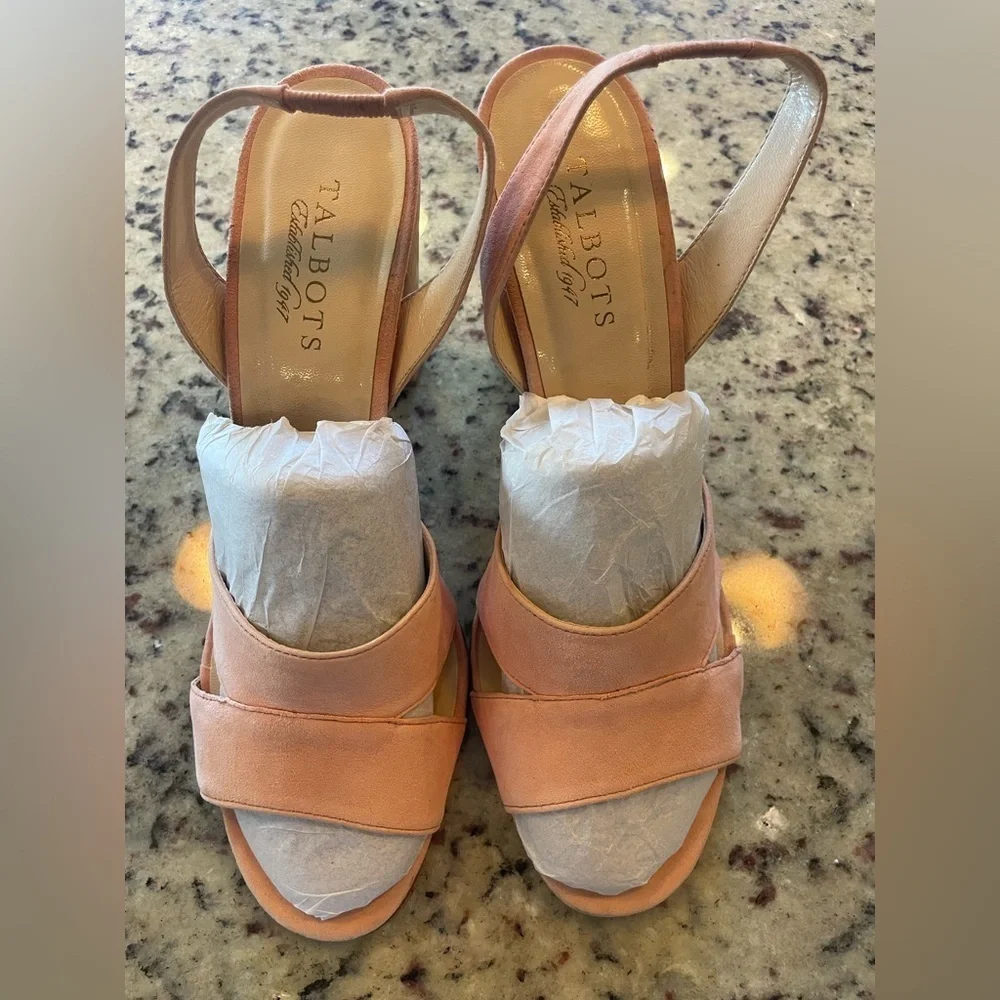 Talbots peach suede wooden black heel sling back sandals size 8.5